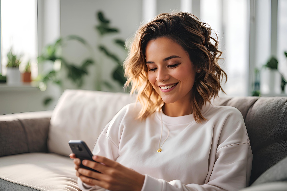 A young woman sits on a sofa while using a healthcare navigation app on her phone. 